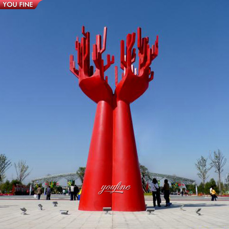 Outdoor Garden Decoration Large Morden Metal Abstract Statue Red Stainless Steel Hand Tree Sculpture