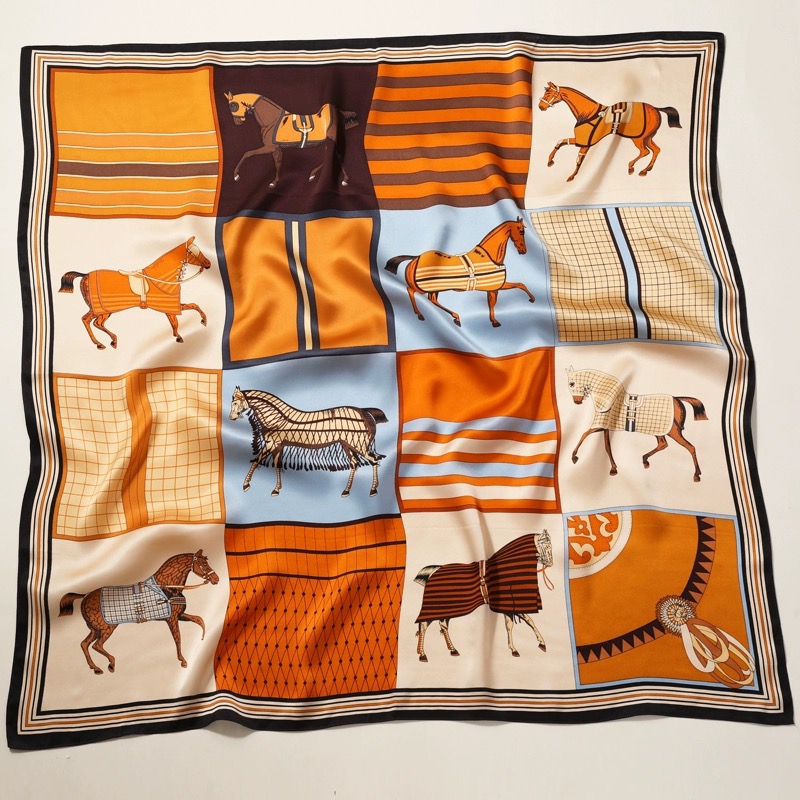 New Fashion Large Square Silk Neck Ties Scarf Luxury Horse Pattern Print Women 100% Pure Silk Satin Scarf