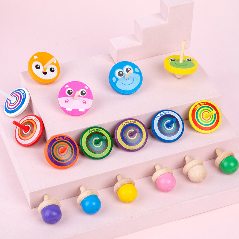 2021 Hot Sale Multicolored Painted Kids Novelty Wooden Gyroscopes