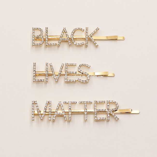 2020 Wholesale Women Rhinestone Hairgrip LIVES/BLACK/MATTER In Gold/Silver For Mixed Designs Barrette Hairpins