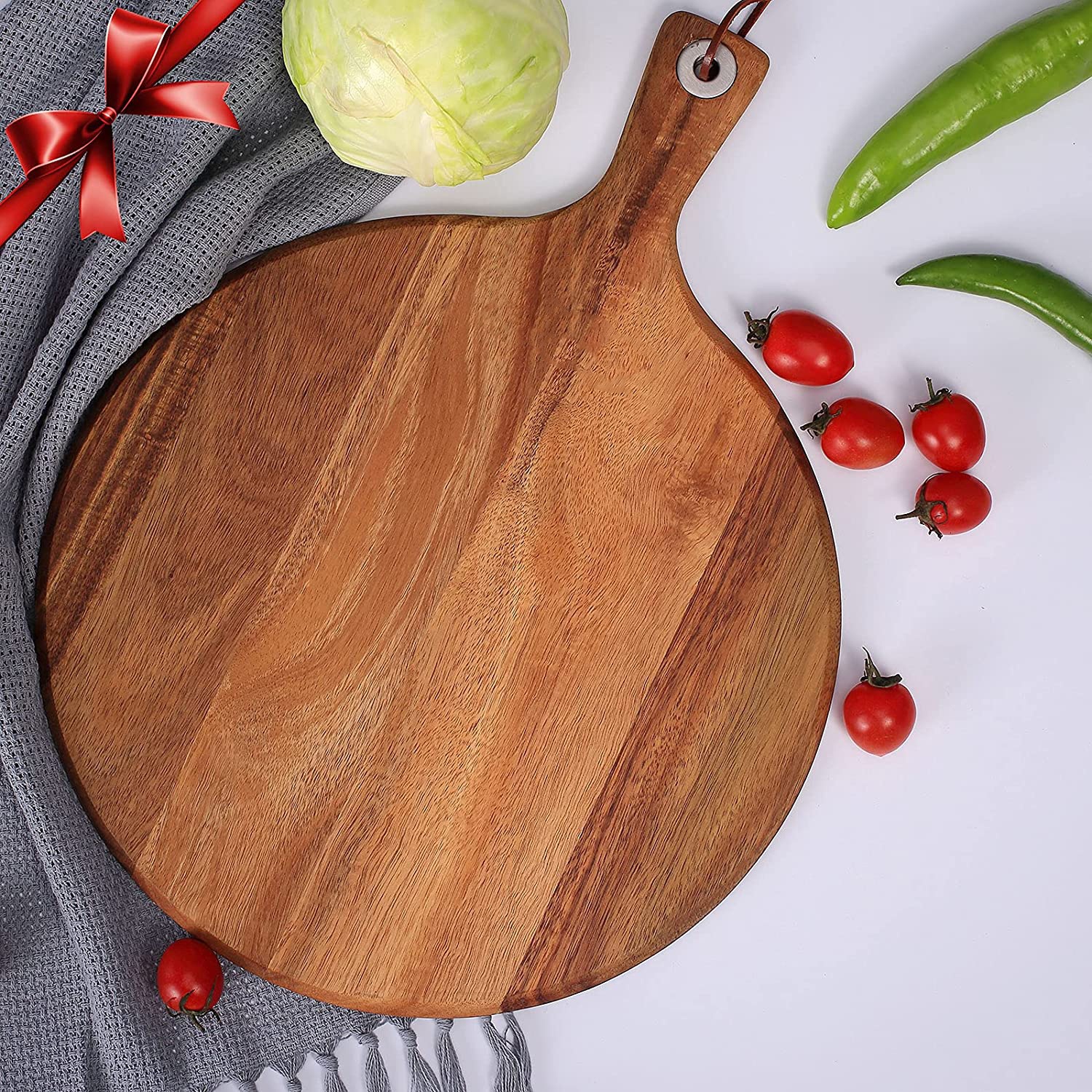 Multifunctional Round 12 Inch Wooden Cutting Boards Acacia Pizza Cutting Board