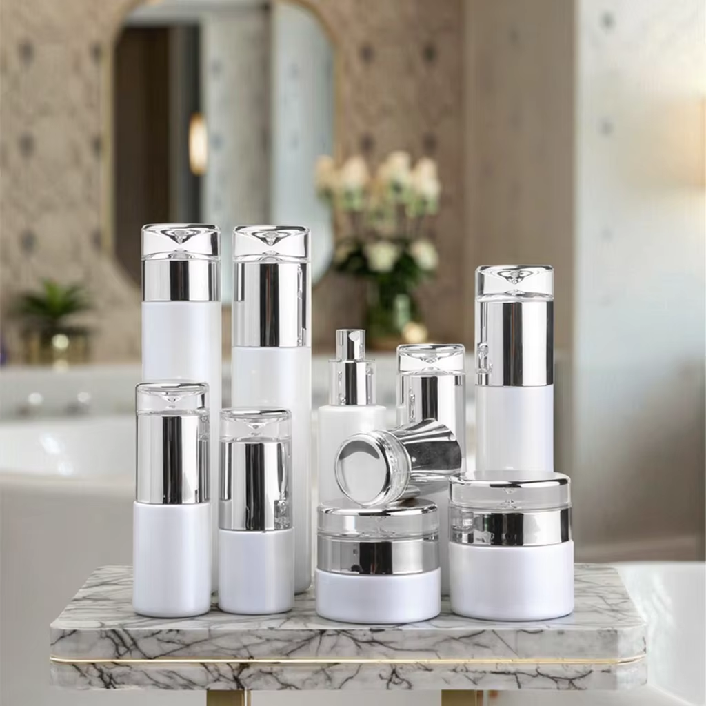 Glass Cosmetic Containers White Empty Jars and Bottles Set with Mist Sprayer for Cream Toner and Skin Care Serum and Diffuser