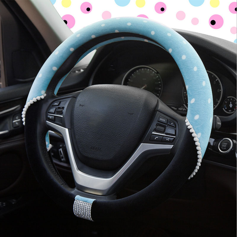 Winter Warm Non-slip Fashion Car Soft Fuzzy Furry Steering Wheel Cover With Bling Diamond Rhinestone