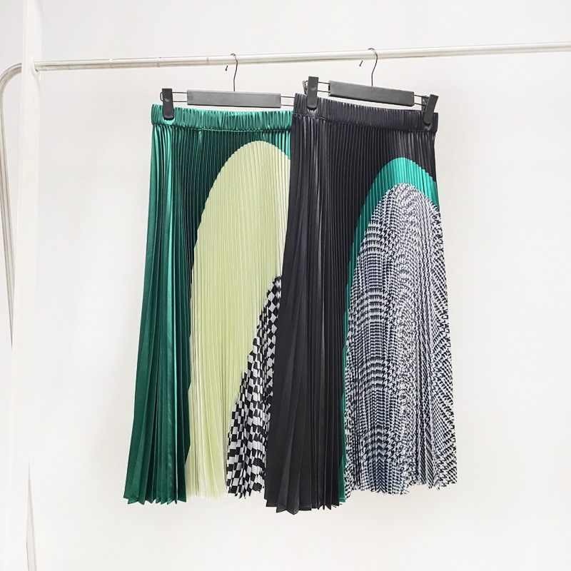 New pleated skirt women long high waist fashion printing color pleated skirt