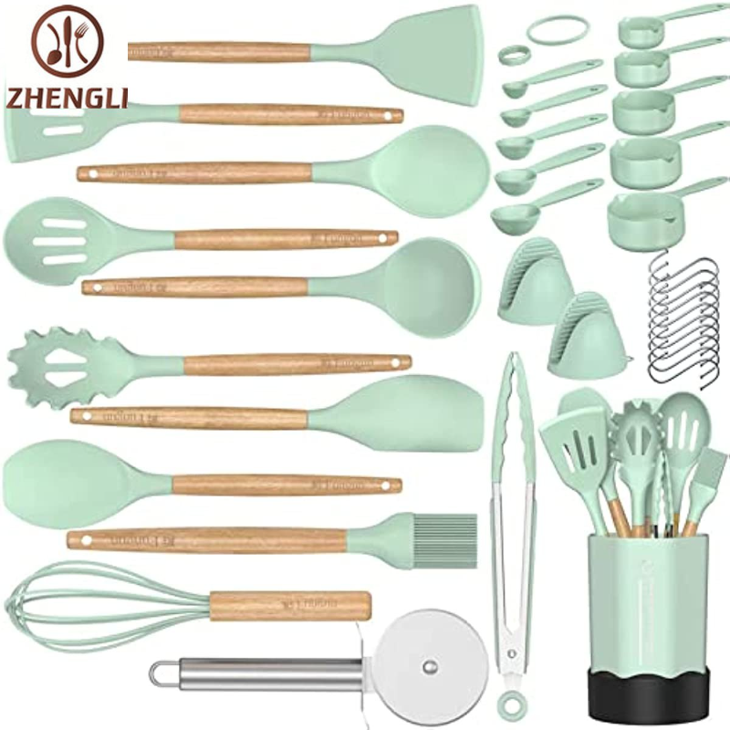 Silicone Cooking Kitchen Utensil Set, Fungun 35 pcs Cooking Utensils Set, Wooden Handle BPA Free Non Toxic Silicone Turner Tongs