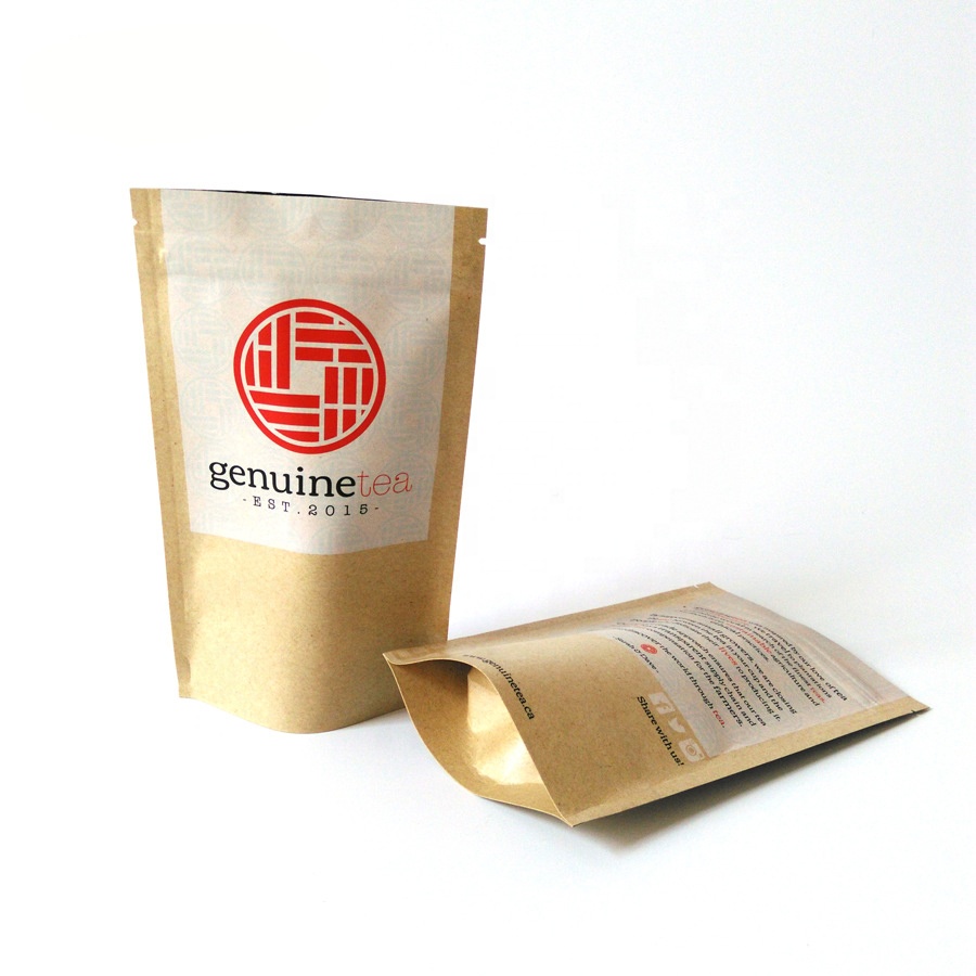 Custom print eco friendly brown kraft paper reusable black tea bag packing stand up pouch