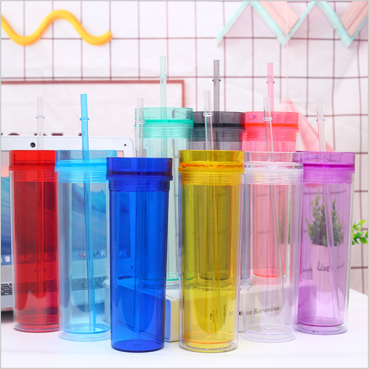 16 унций BPA бесплатно двойная стена прозрачная пластиковая чашка с соломенной акриловой Тощий стакан