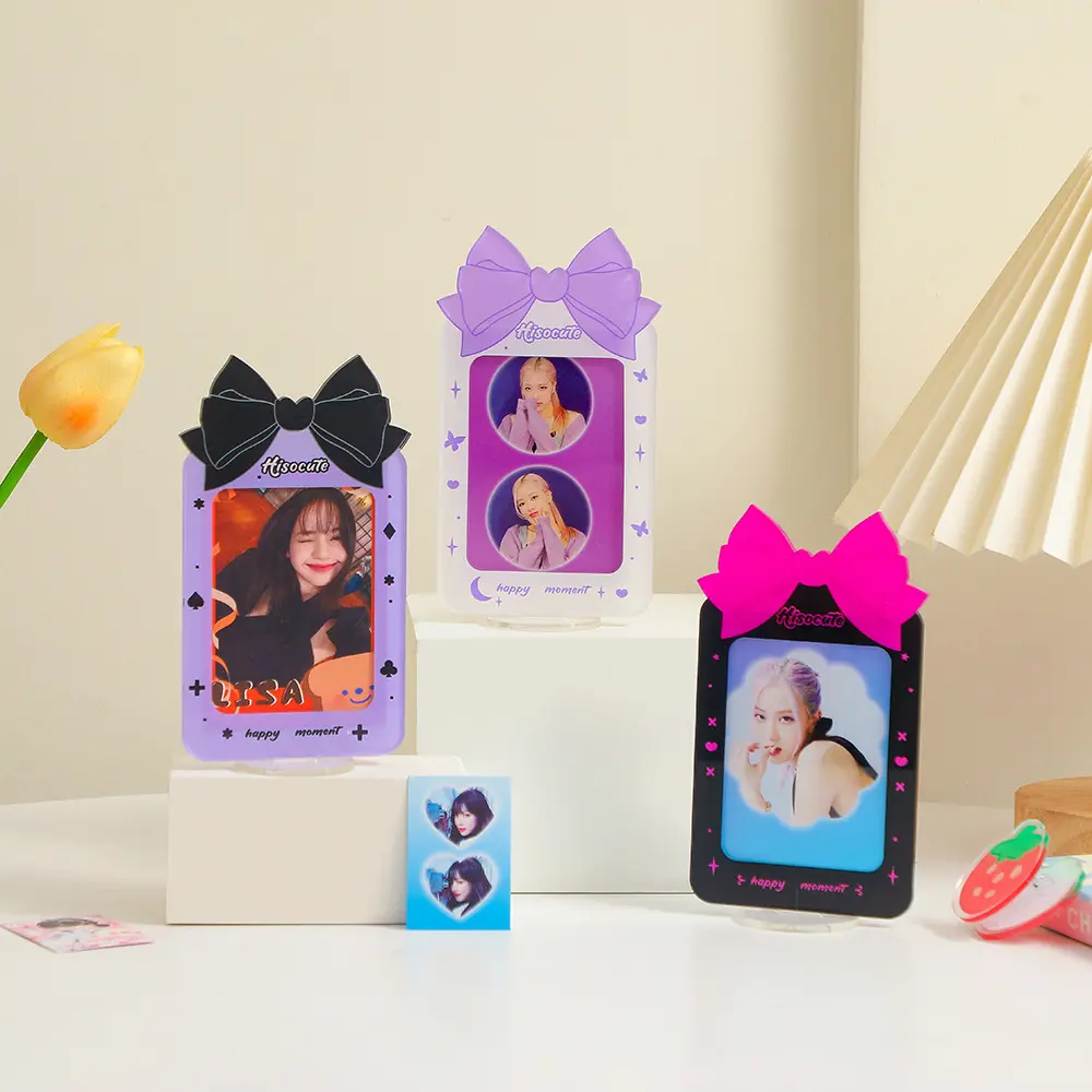 Korean Cute Bow photocard desktop transparent photo frame acrylic mini 3 inch lomocard pocket holder with stand