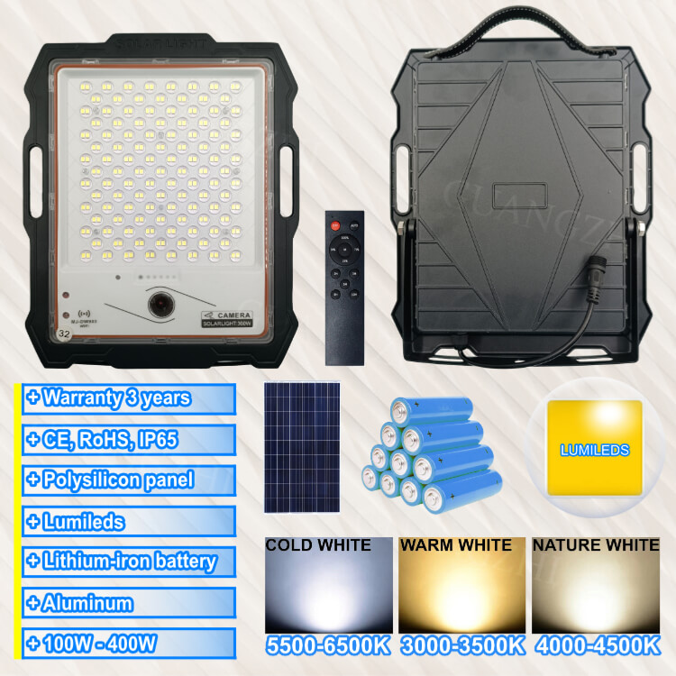 New Product Supplier Phone Control Solar Power LED Floodlight with CCTV Camera for Buildings Streets Highwaysroads 3-5m Exposure