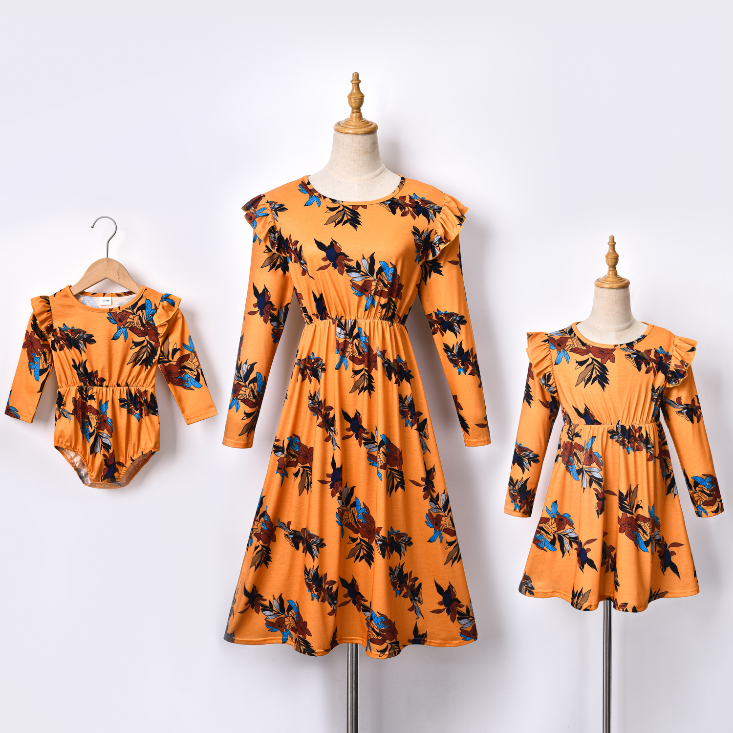 Hot Sale Mother and Daughter Orange Floral Maxi Dress Autumn Mommy and Me Outfits