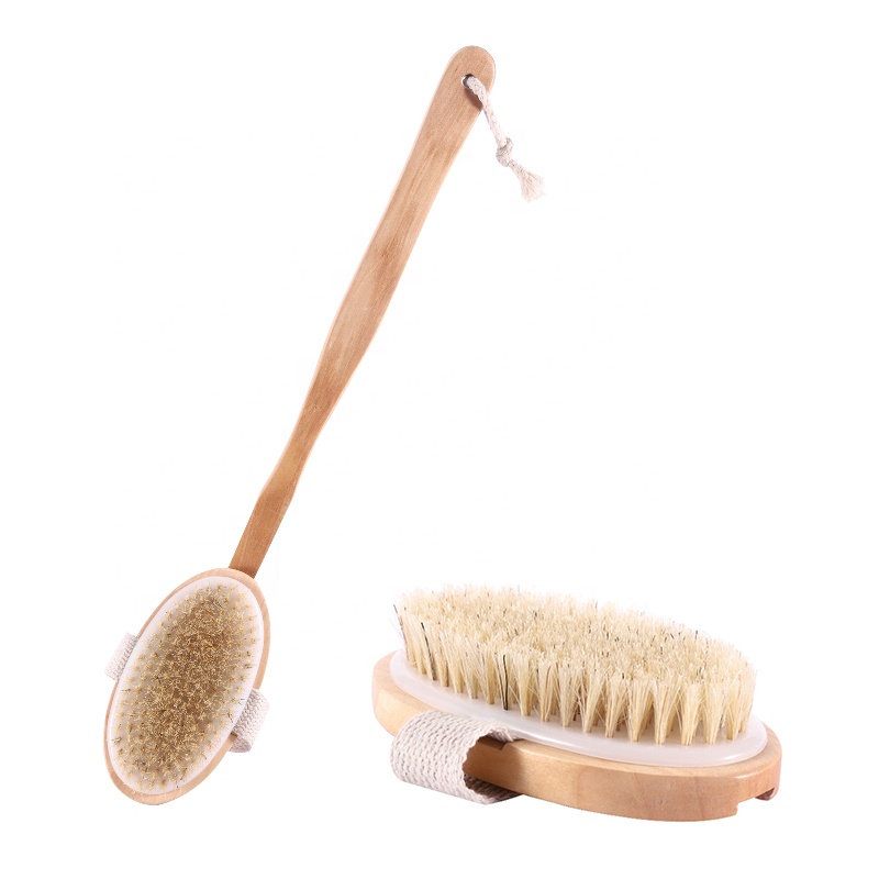 Amazon hot selling long handle bath brush premium soft and stiff bristles massage wooden bath body brush