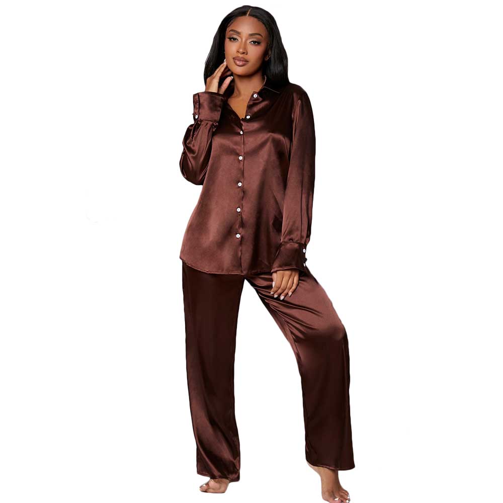 Solid Button Up Silk Pyjamas Blouse & Pants Lounge Set Custom Satin Pajamas