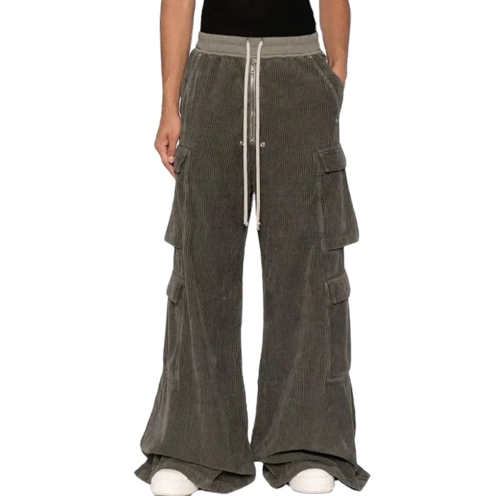 Fashion wide-leg corduroy cargo pants contrast drawstring waist multi pockets cotton sweat pants men's casual baggy flared pants