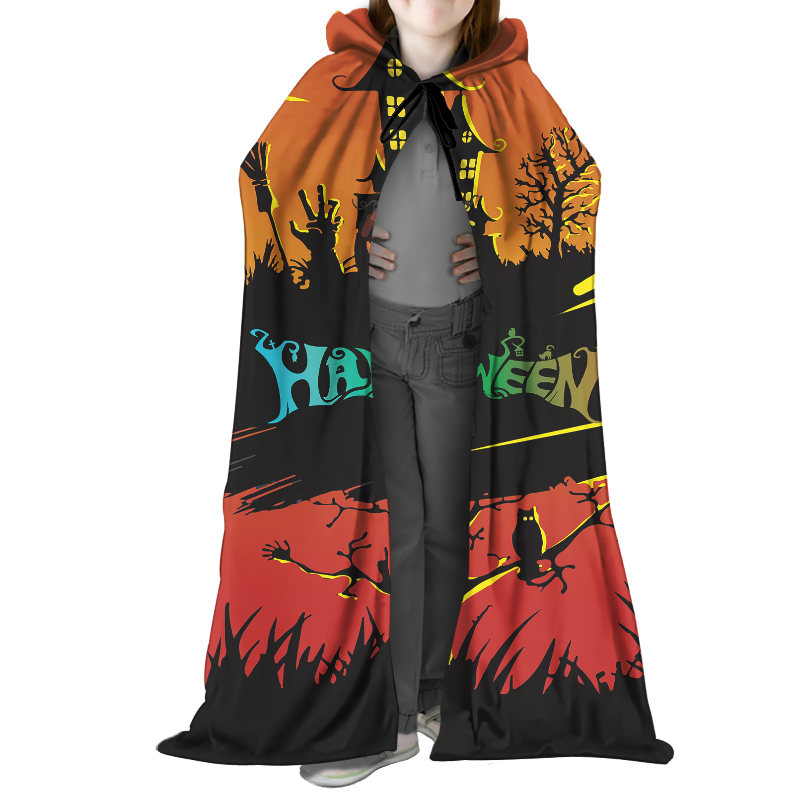 Halloween Popit Girl Cape Print Hooded Cloak with Halloween Scare Pumpkin Horror Villa Personalized Kids Halloween Costumes