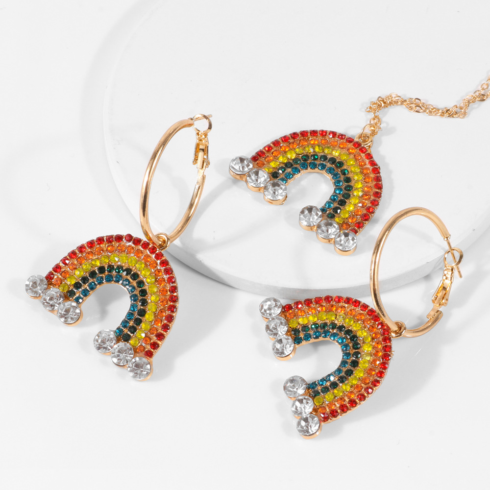 New Fashion Creative Rainbow Necklace Earrings Set Explosive Glass Diamond Earrings Jewelry Set for women