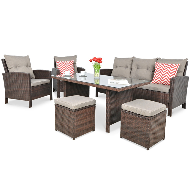 6 Pcs Outdoor Wicker Patio Set Garden Rattan Sofa Furniture Rattan Sofa