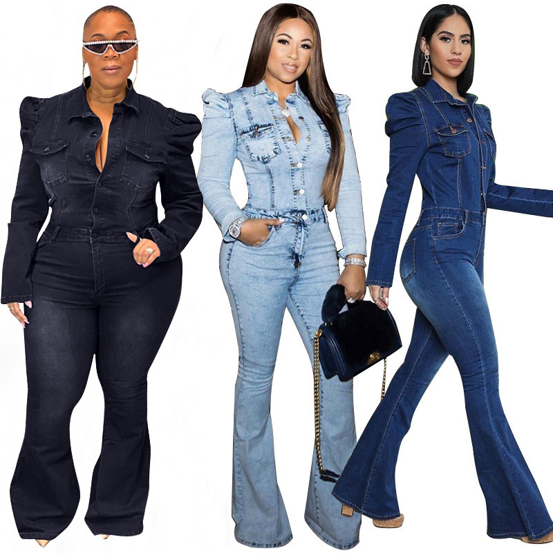 Plus Size Washed S-5XL Denim Suits Flare Bell Skinny Jeans withCopper Button Tops Women Denim Jumpsuit