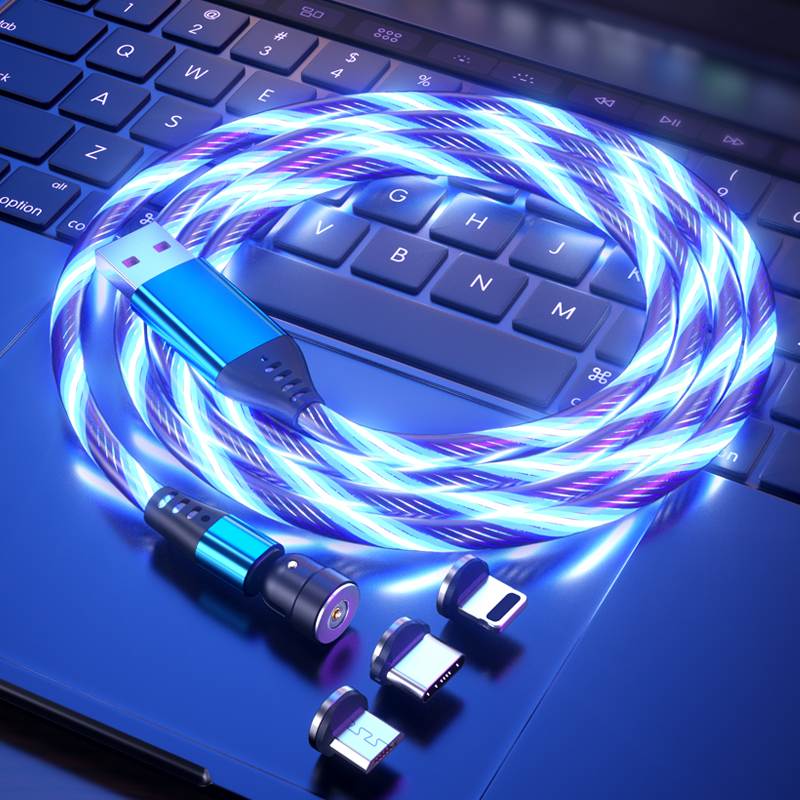 3 в 1 Usb световые свечение течет кабель для мобильных телефонов оптовая продажа магнитное зарядное устройство кабель 540 градусов Магнитный кабель led