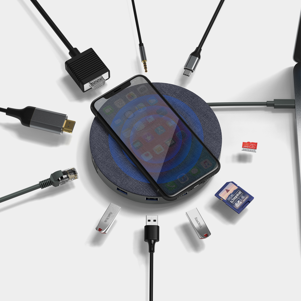 Серый круглый тканевый дизайн HD-mi VGA двойной дисплей 11 в 1 Беспроводная зарядка usb c концентратор