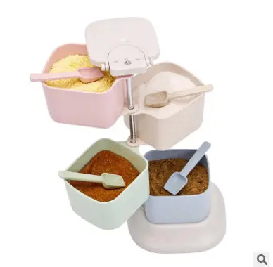 Wheat Straw Spice Jar Rotary Vertical 4-Compartment Seasoning Box with Spoon
