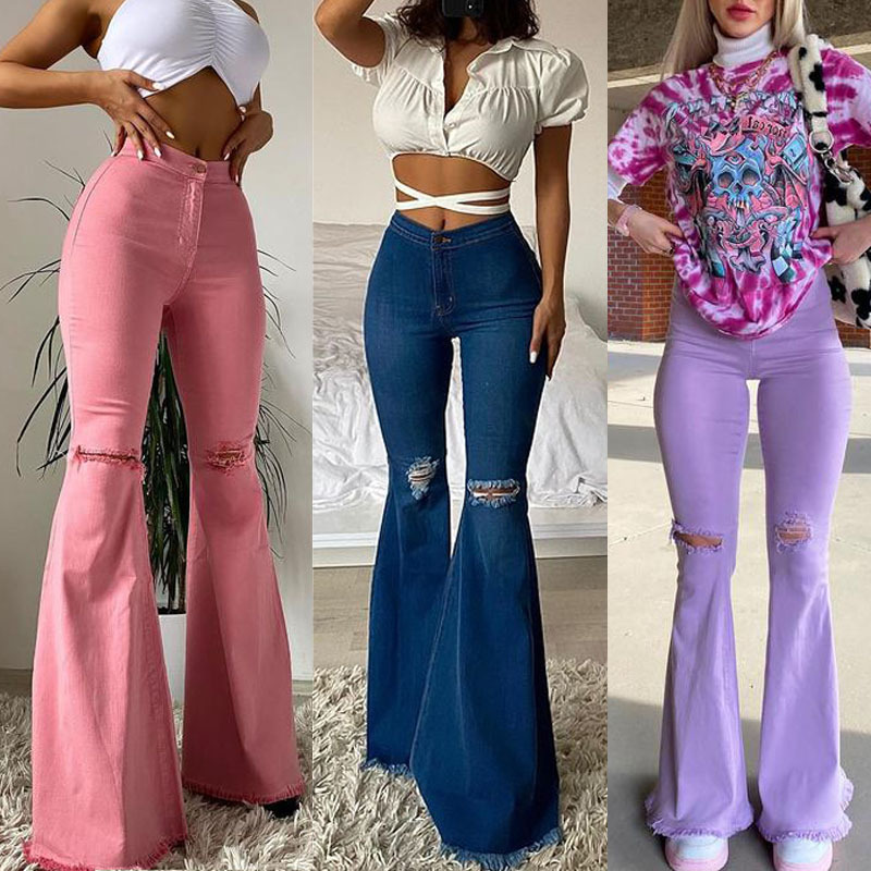 Women's Jeans Ripped Butt Lift Flares With Frilled Edges Color Stretch Denim Trousers
