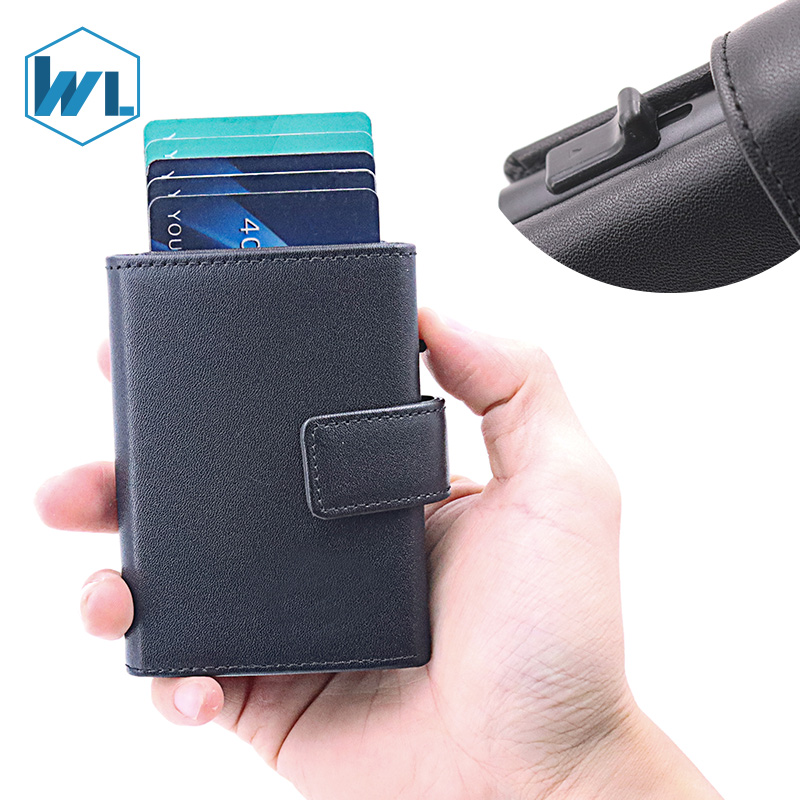 Men's Wallets Slim Tri-fold Genuine Leather RFID Business Card Holder With Automatic Ejector Button