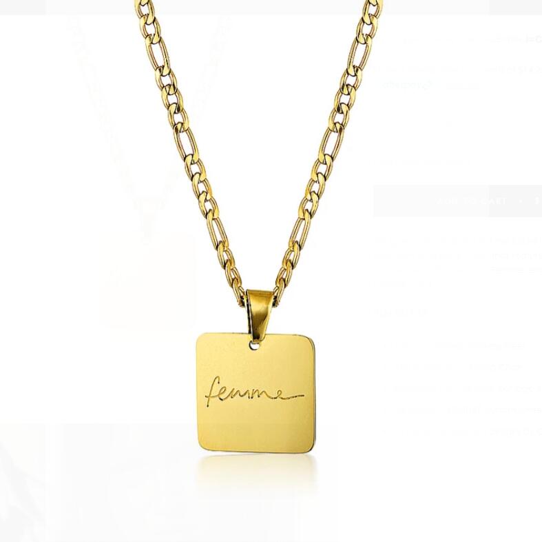 Fashion Stainless Steel Custom Geometric Engraved Women Statement Jewelry Square Shaped Femme Necklace Gold Figaro Necklace