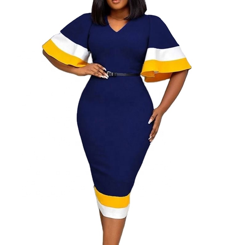 Patchwork Color block Flare Short Sleeves V Neck Elegant Office Ladies Work Wear Female Classy Women African Lady Bodycon Dress