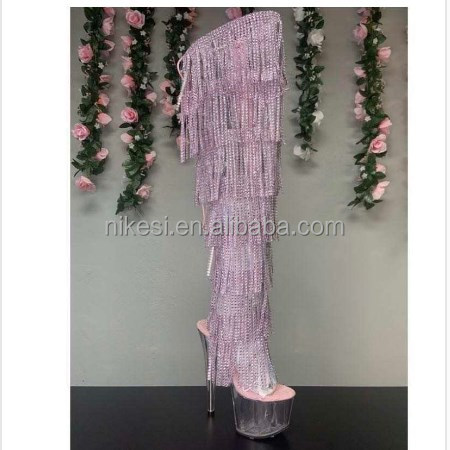 7inch-17CM Crystal shoes Black and red tassel boots super high heel diamond tassel boot