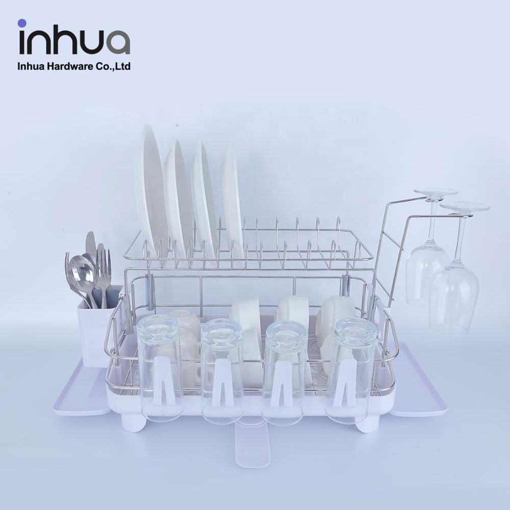 high quality 304 stainless steel dish rack double tiers dish drying rack with ABS material drainboard and side drain system