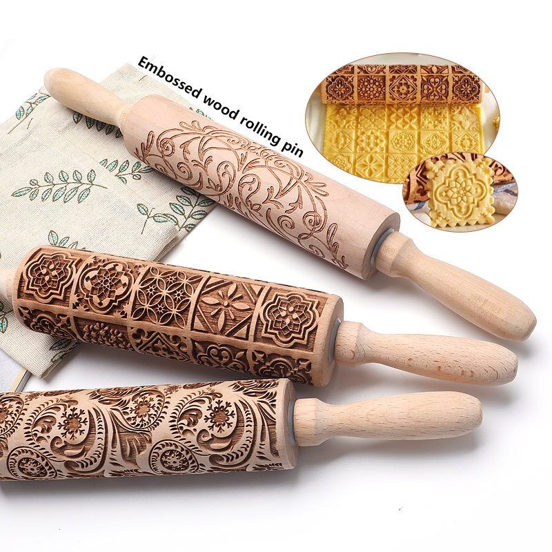 Retro Print Rolling Pin Wooden Embossed Rolling Pin For Pastry