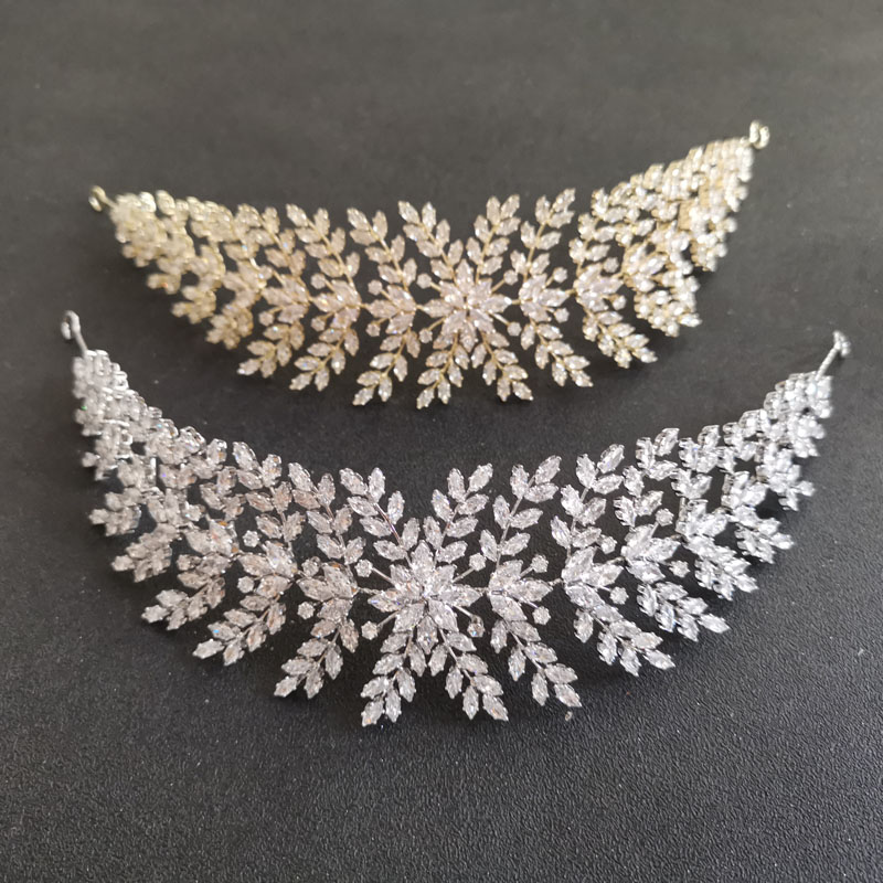 Женская тиара с фианитами SLBRIDAL, роскошная Гибкая повязка на голову для невесты, свадебные аксессуары для волос с фианитами, ювелирные изделия