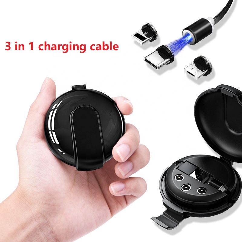 3 in 1 Portable Retractable Charger USB Magnetic Cable for Mobile Phone Power Charging 2.4A Black Red 1M Cable