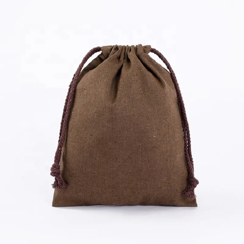 Eco-Friendly Small Natural Dark Linen Flax Fabric Drawstring Bag for Pendant Packaging