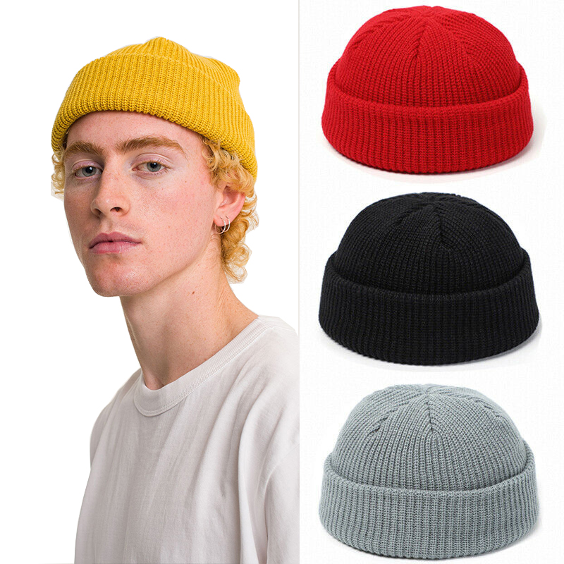 Custom knit hat beanie with woven label patch watch cap roll up skull cap recycled fisherman beanie