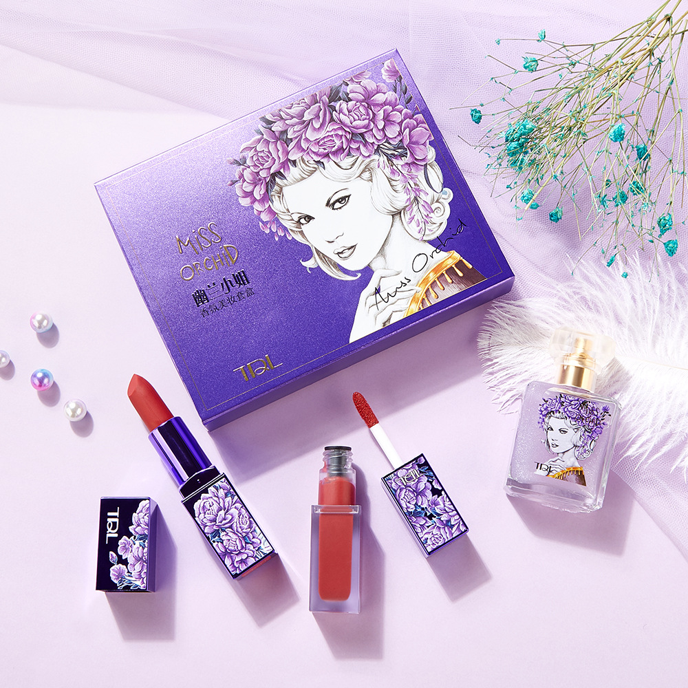 HOT Orchid Fragrance Beauty set Youlan perfume rich moist lip lacquer lipstick three-piece gift box
