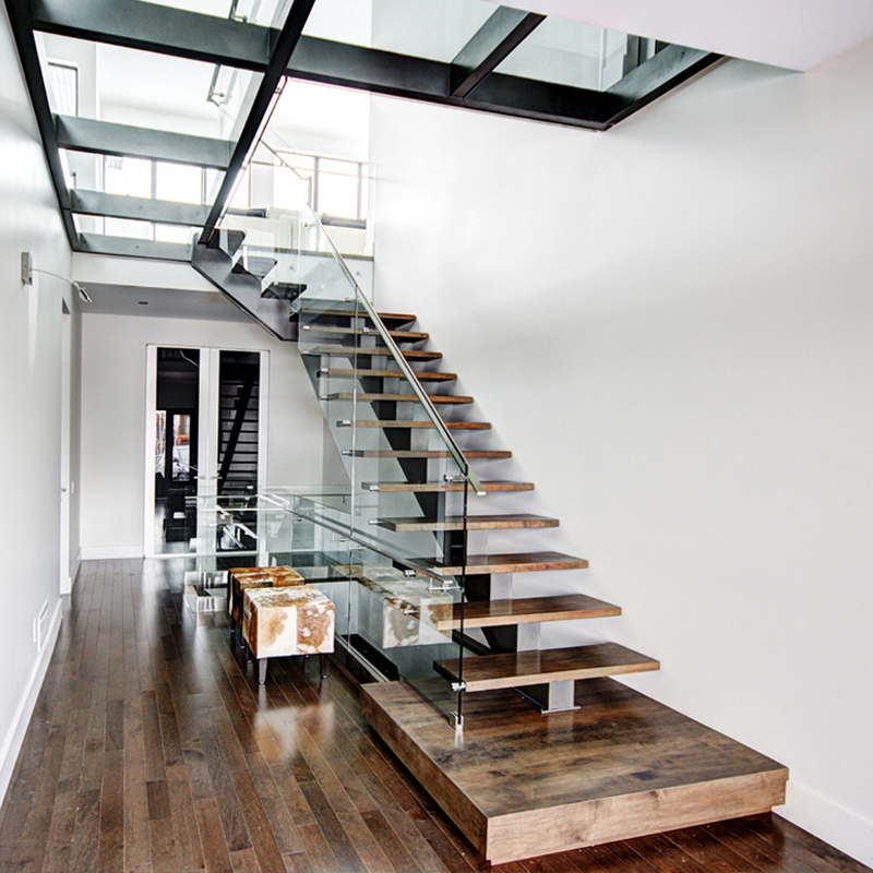 Modern Indoor Straight Stairs Floating Iron and Steel Staircase with Wood Tread and Glass Railing for Apartment Use
