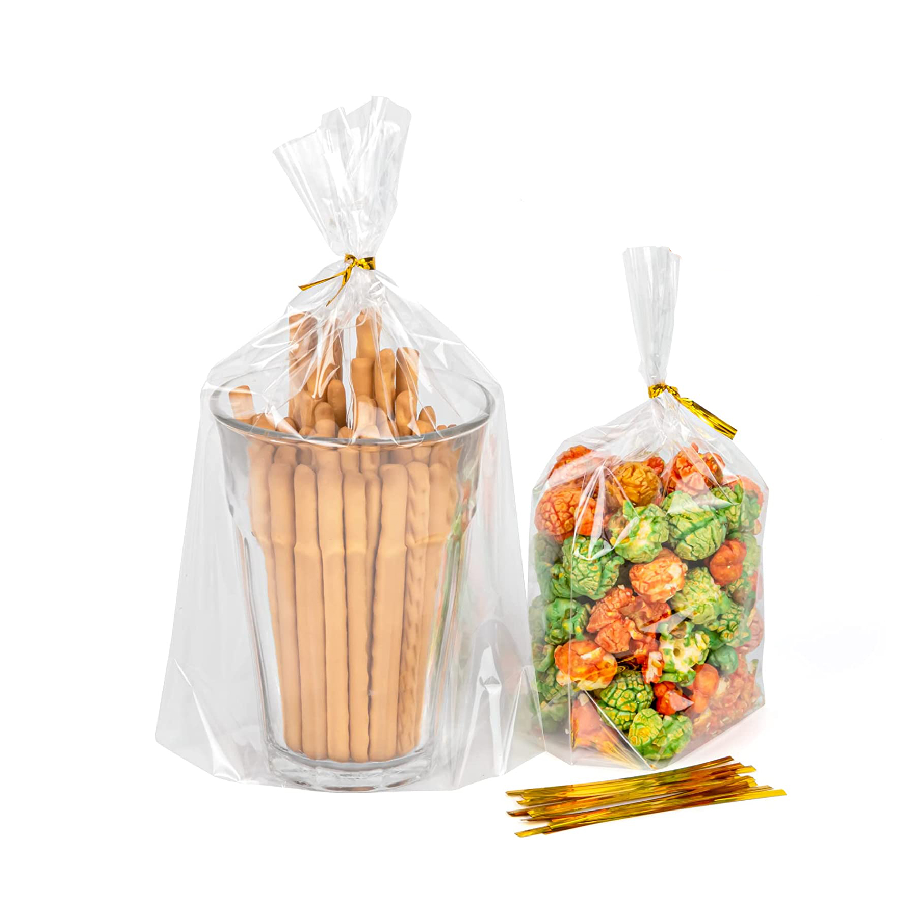 15 x 25 cm Clear Flat Cello Cellophane Treat Bags Sweet Gift Wrapping Cellophane Block Bottom Storage Bags with Colorful Bag Tie