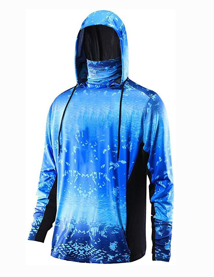 Wholesale custom camo blue design high performance sun protection hooded fishing jersey shirt for fishing