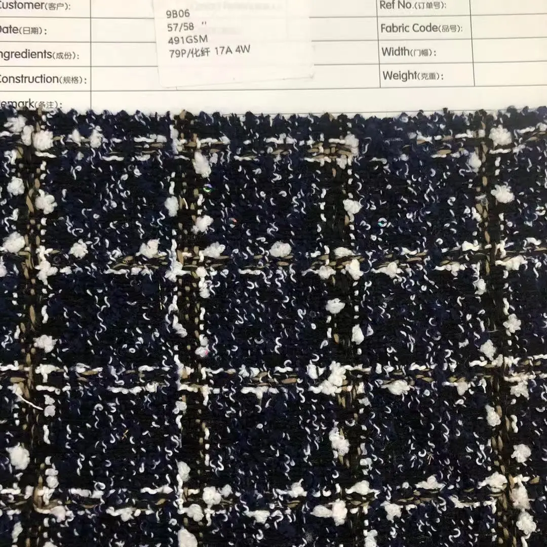 491GSM All Seasons Fabrics Beautiful Blue Plaid Sequins Fabric Tweed Clothing And Home Textile