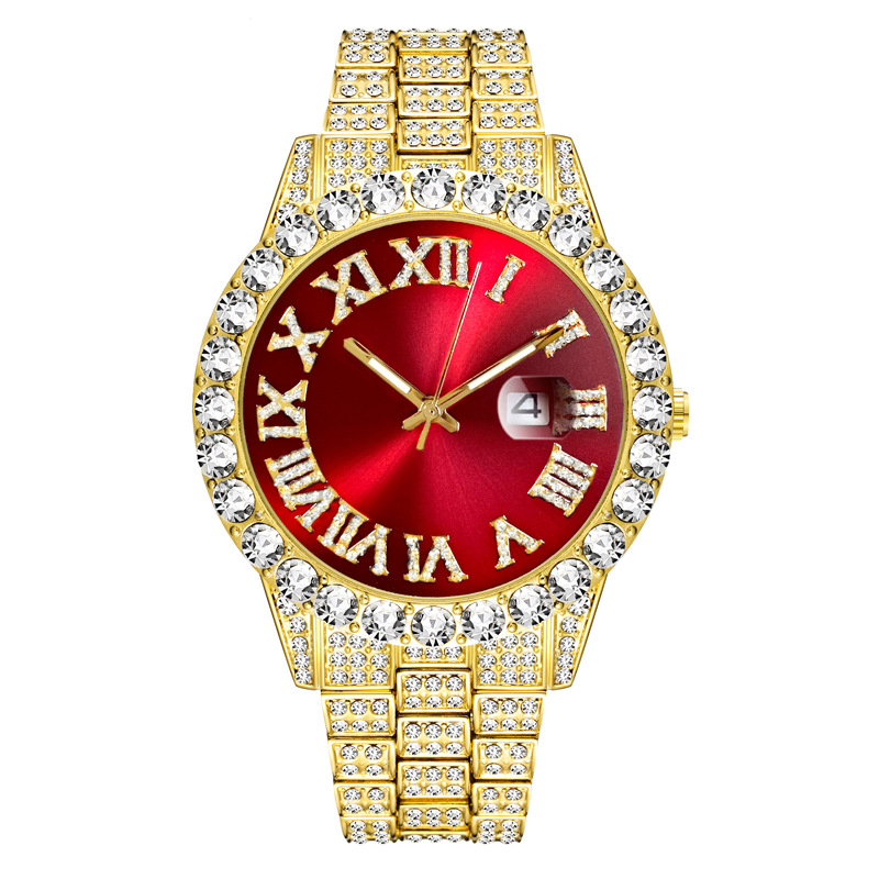 Roman Digital Diamond Inset Watch Men's Hip Hop Waterproof Popular Logo Red Green Blue Large Dial Quartz Watch