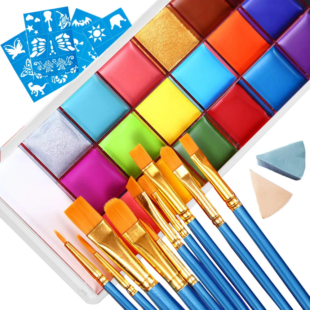 20 Colors Safe Fashion Body Art Paint Palette For Face Skin With Brushes And Tattoo Stencils