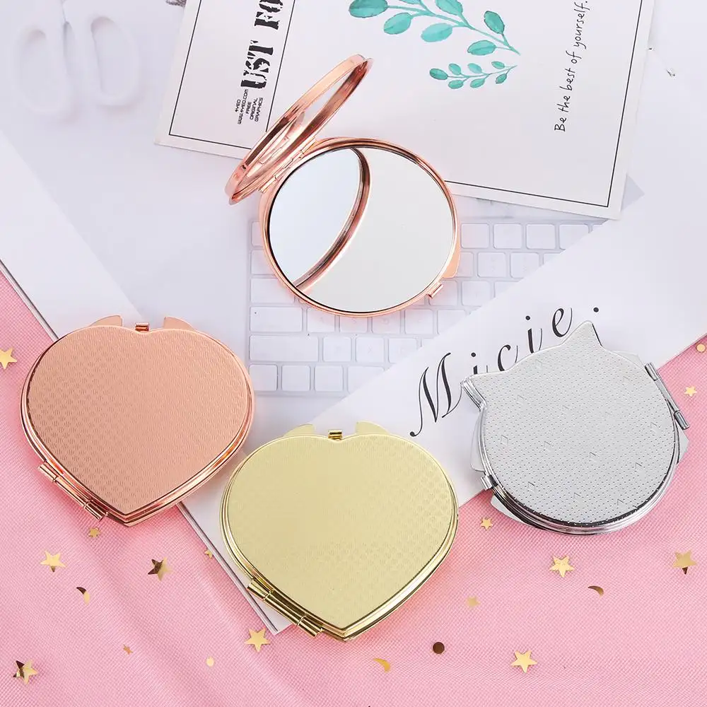 Двустороннее металлическое карманное зеркало в форме сердца, компактное зеркало, макияж из розового золота, круглое