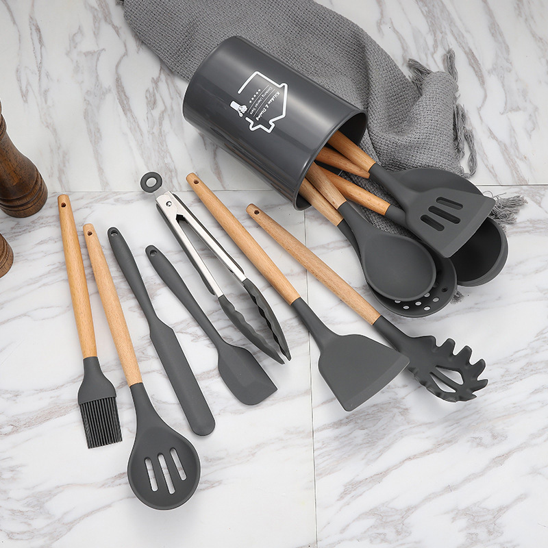 Eco-friendly natural amazon hot selling wood spoon spatula fork ladle custom logo silicone wood kitchen utensil sets