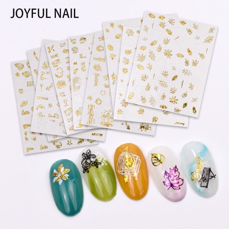 Designer decal 3D gold foil leaf flowers waterproof nail stickers for nail art decoration customized press on nail packaging box