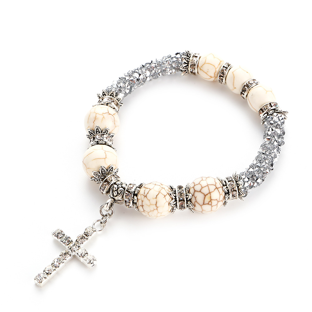 natural stone women bracelet boho style Natural Stone Bracelets Beads Boho Vintage Cross Rhinestones Turquoises Bracelet Jewelry