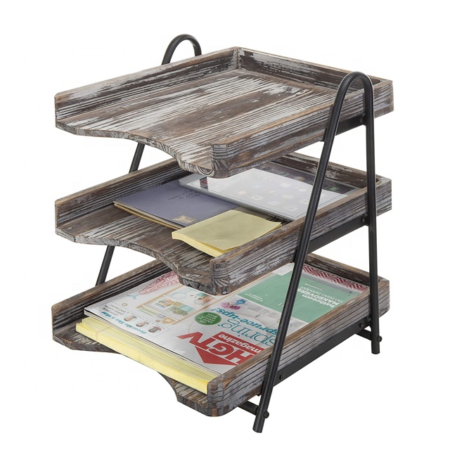 3-Tier Torched Wood Desktop Document Tray/Office File Folder Rack