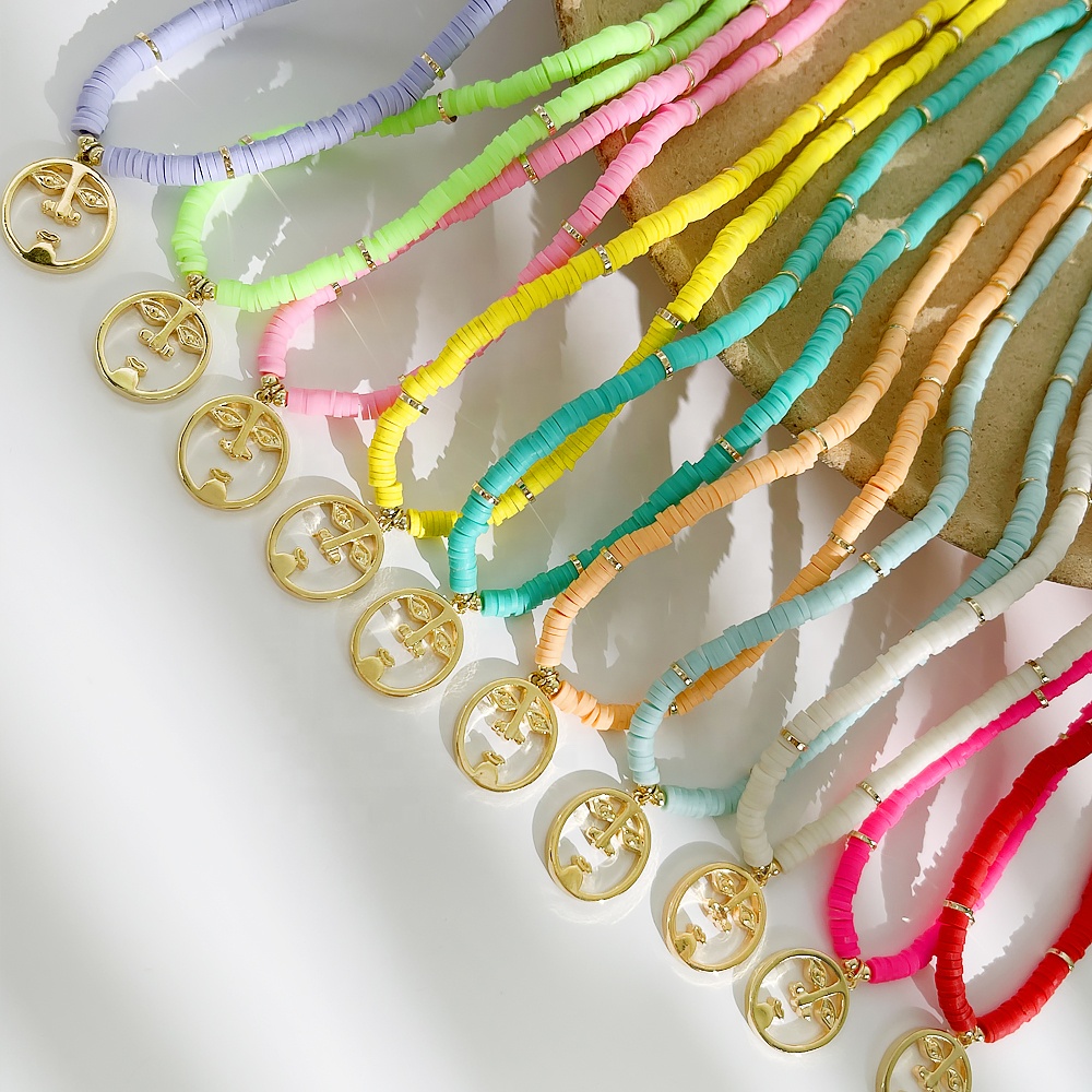 N0139 multi color Vinyl Disc Beads soft pottery necklaces with gold face charm Polymer Clay Shell choker women handmade jewelry