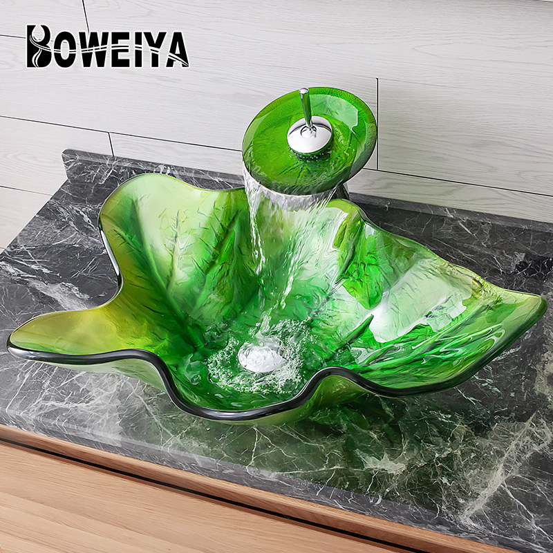 Boweiya, оптовая продажа, зеленый уникальный дизайн, столешница из стекла, умывальник для умывальника, раковина для унитаза с краном, стеклянный умывальник из закаленного стекла