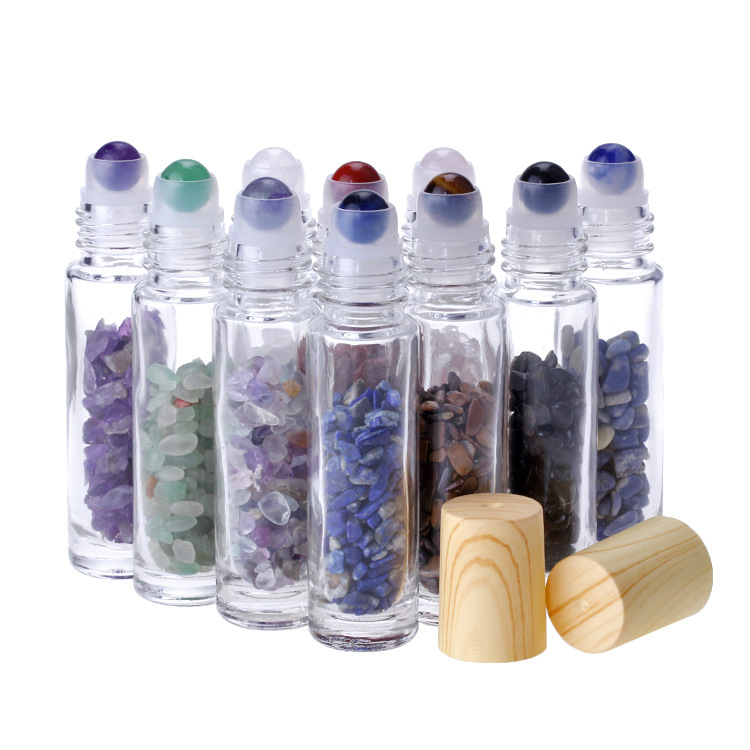 Crystal healing stones Rose Quartz Natural Gemstone Essential Oil Roller Bottle 10ml Glass Roll On Perfume Bottle